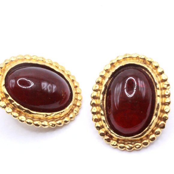 Edouard Rambaud Paris French Couture Deep Red Poured Glass Cabochon Earrings - Picture 5 of 6
